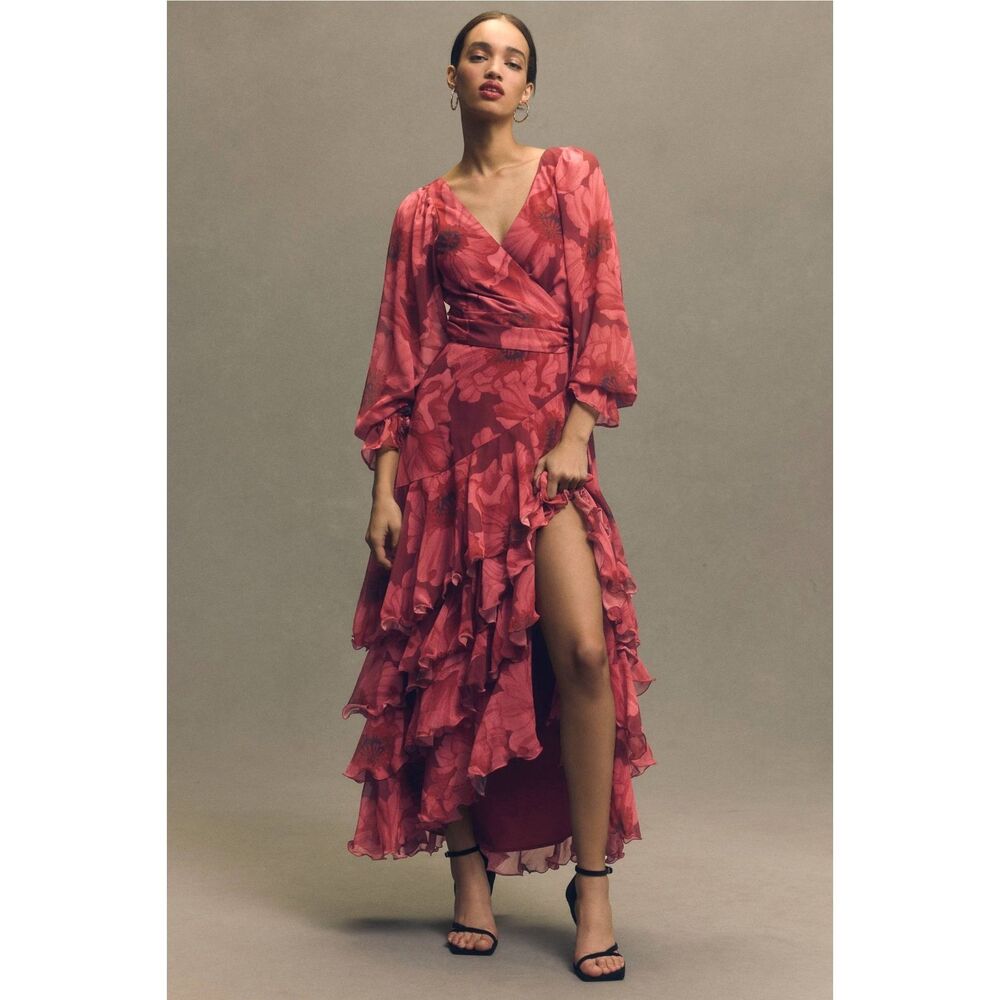 Anthropologie Hutch Kya Long-Sleeve V-Neck Printed Tiered Wrap Maxi Dress